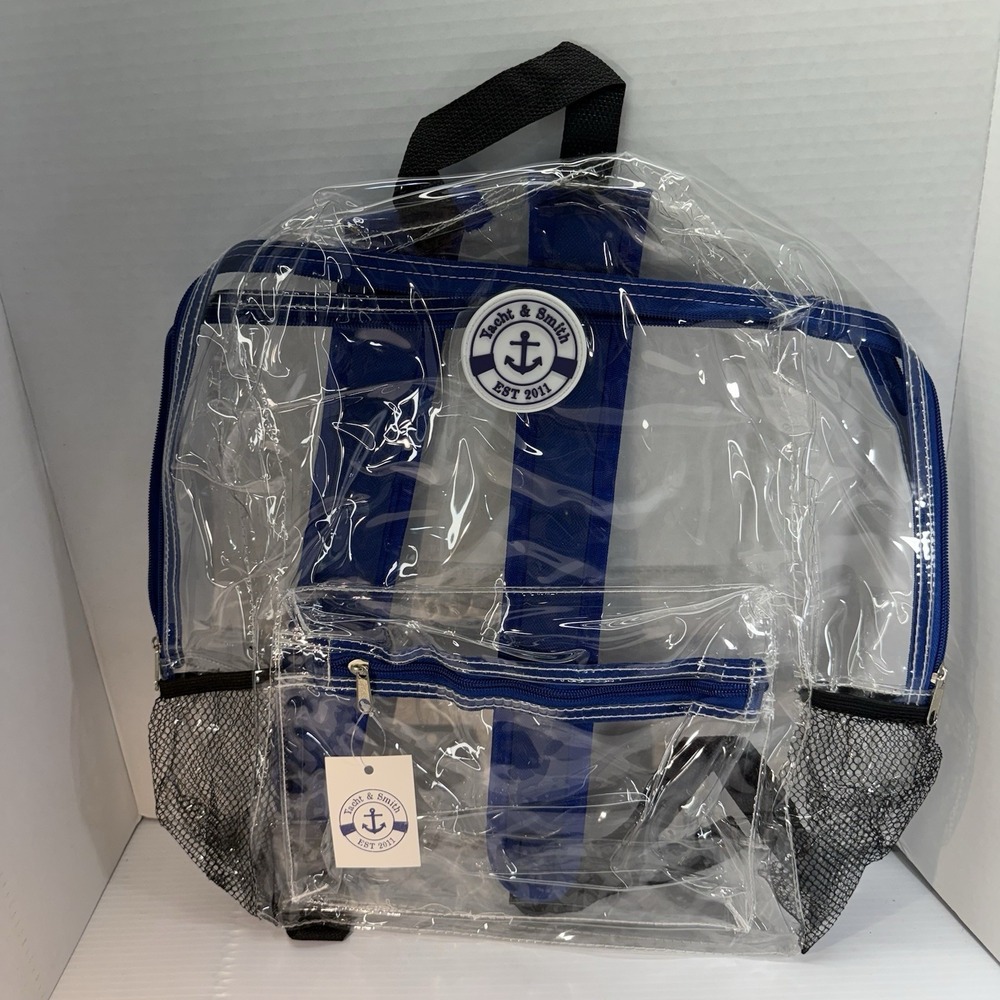 Yacht & Smith Clear & Blue Padded Straps  Plastic Backpack 17" Double Zipper NWT